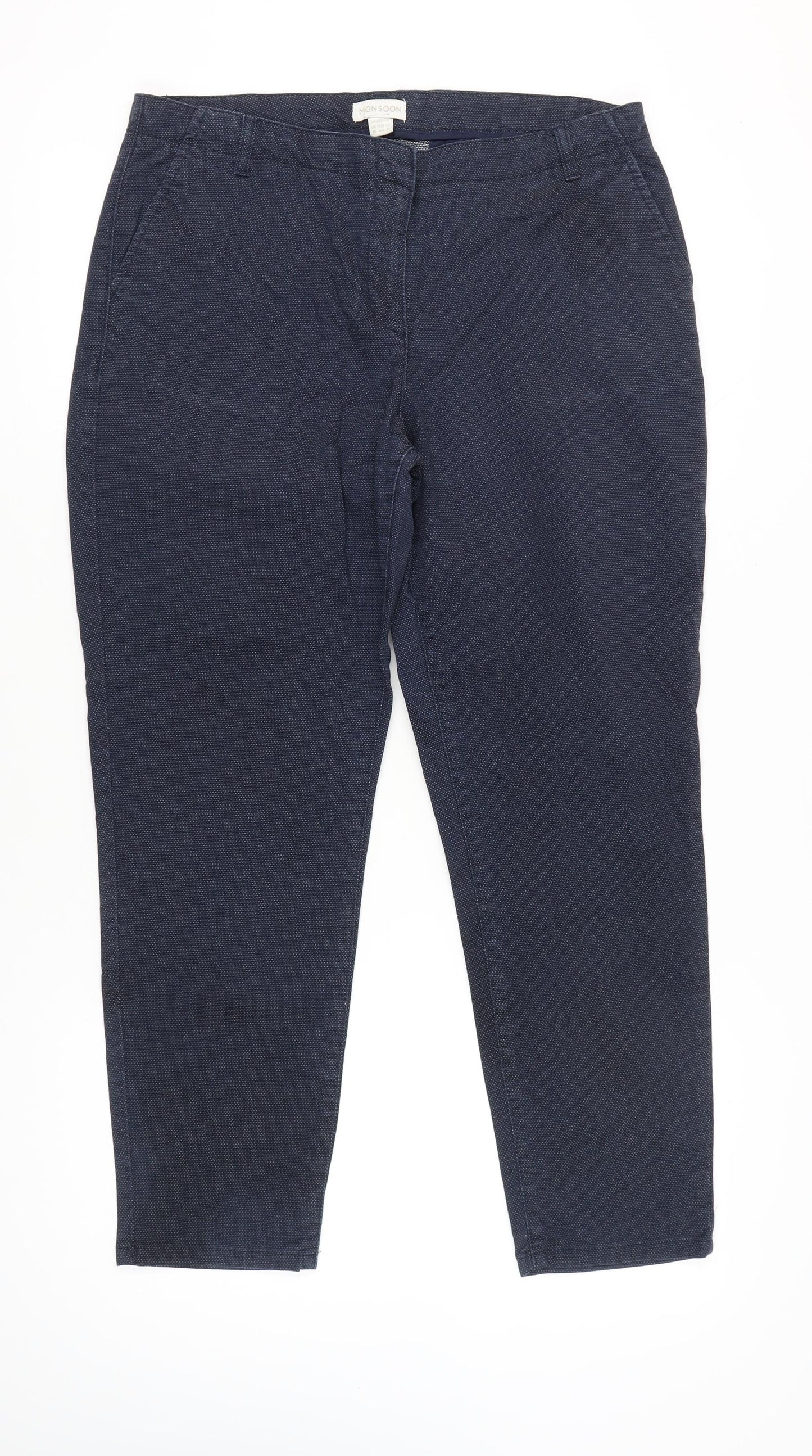 Monsoon Womens Blue Cotton Blend Chino Trousers Size 16 Regular Fit
