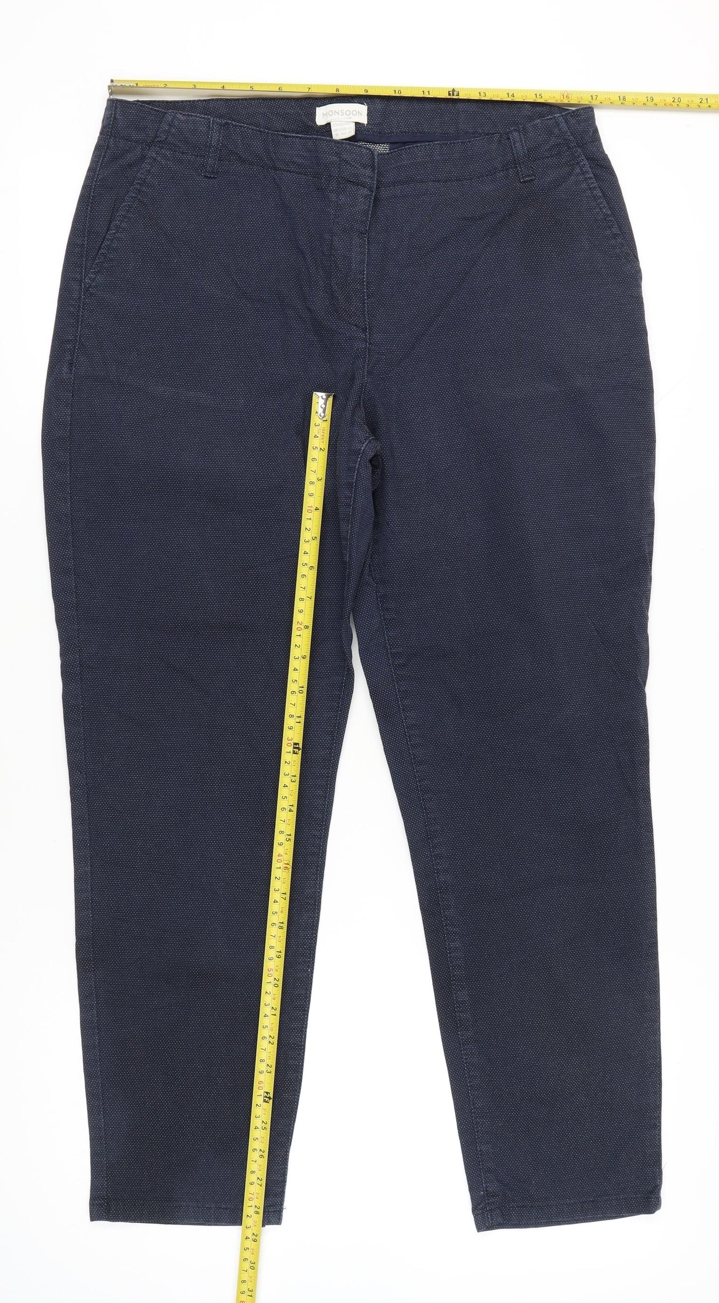 Monsoon Womens Blue Cotton Blend Chino Trousers Size 16 Regular Fit