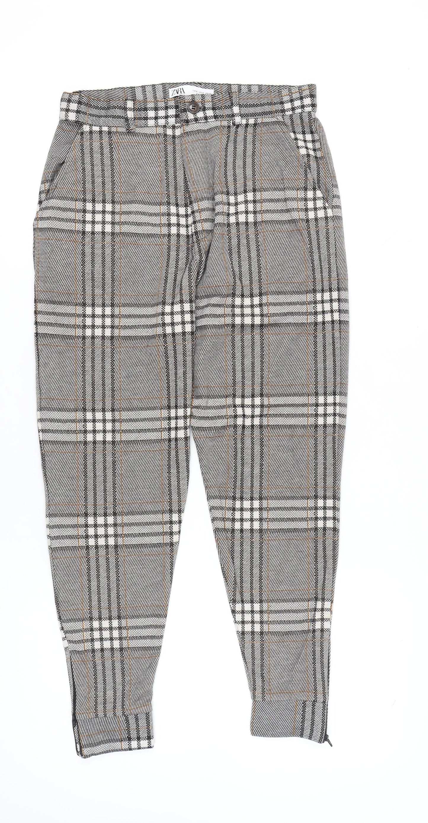 Zara Women Grey Tartan Plaid Slim Tapered Trousers Size M