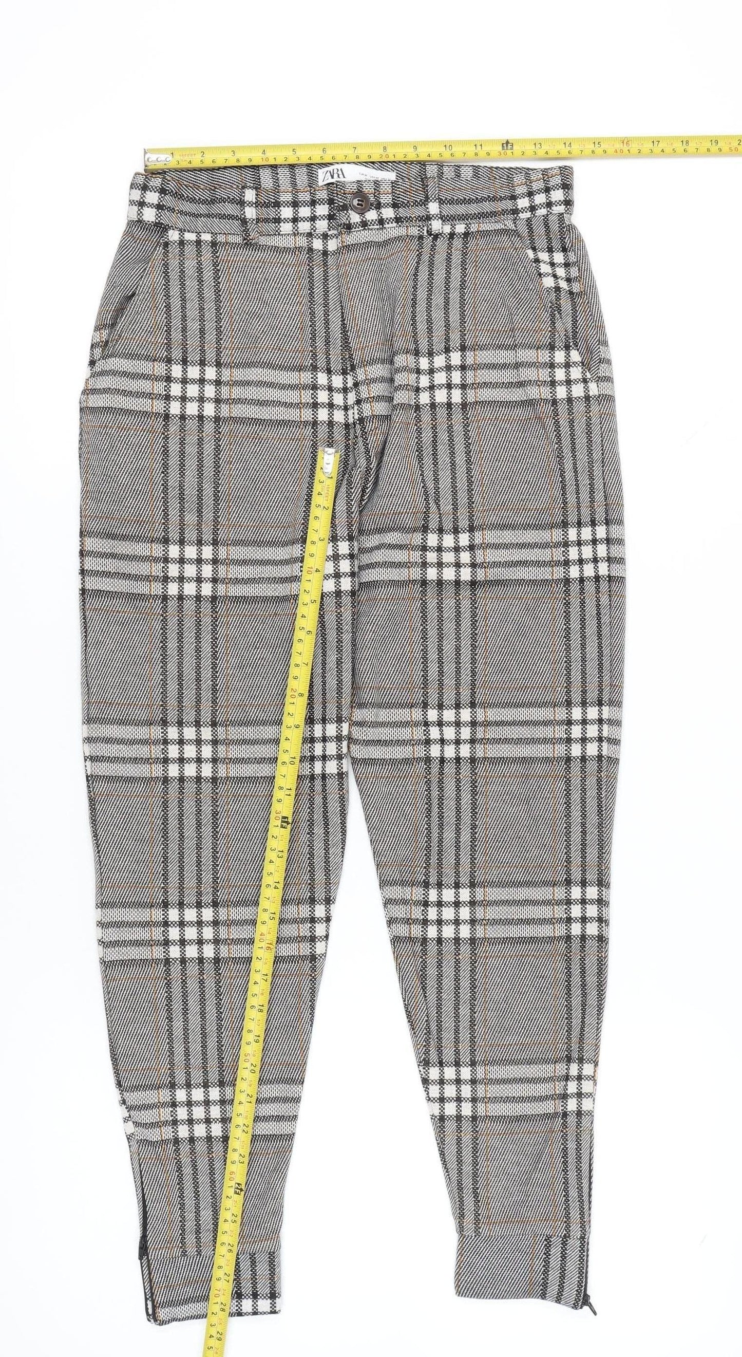 Zara Women Grey Tartan Plaid Slim Tapered Trousers Size M