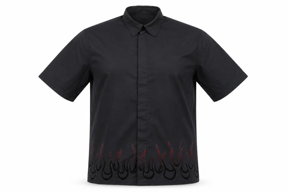 Front view of Jonathan Adams Men’s Black Flame Embroidered Button-Up Shirt L