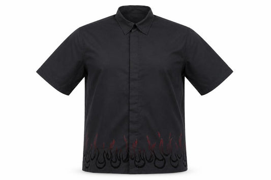 Front view of Jonathan Adams Men’s Black Flame Embroidered Button-Up Shirt L