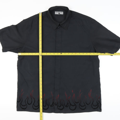 Jonathan Adams Men’s Black Flame Embroidered Button-Up Shirt L