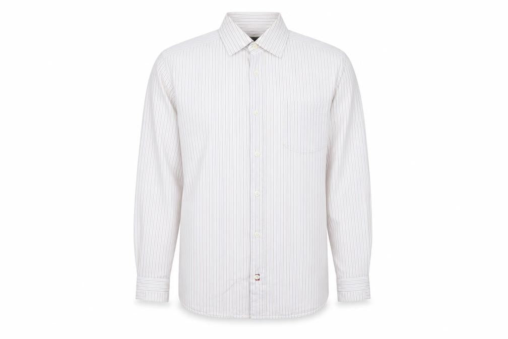 Front view of White Stuff Men's White Striped Cotton Long Sleeve Shirt, size S