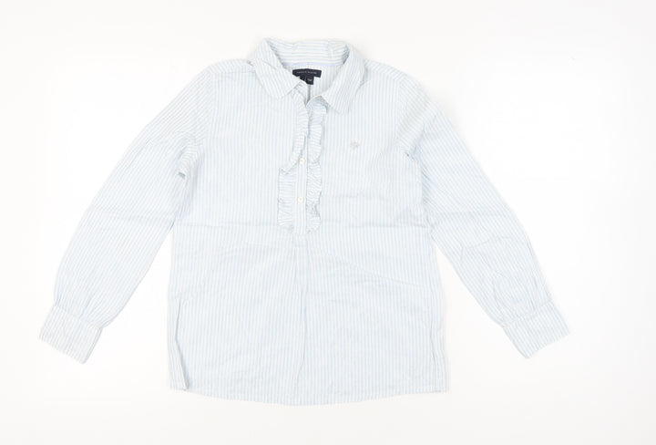 Tommy Hilfiger Girls Blue Striped Ruffle Blouse Shirt 12 Years Long Sleeve