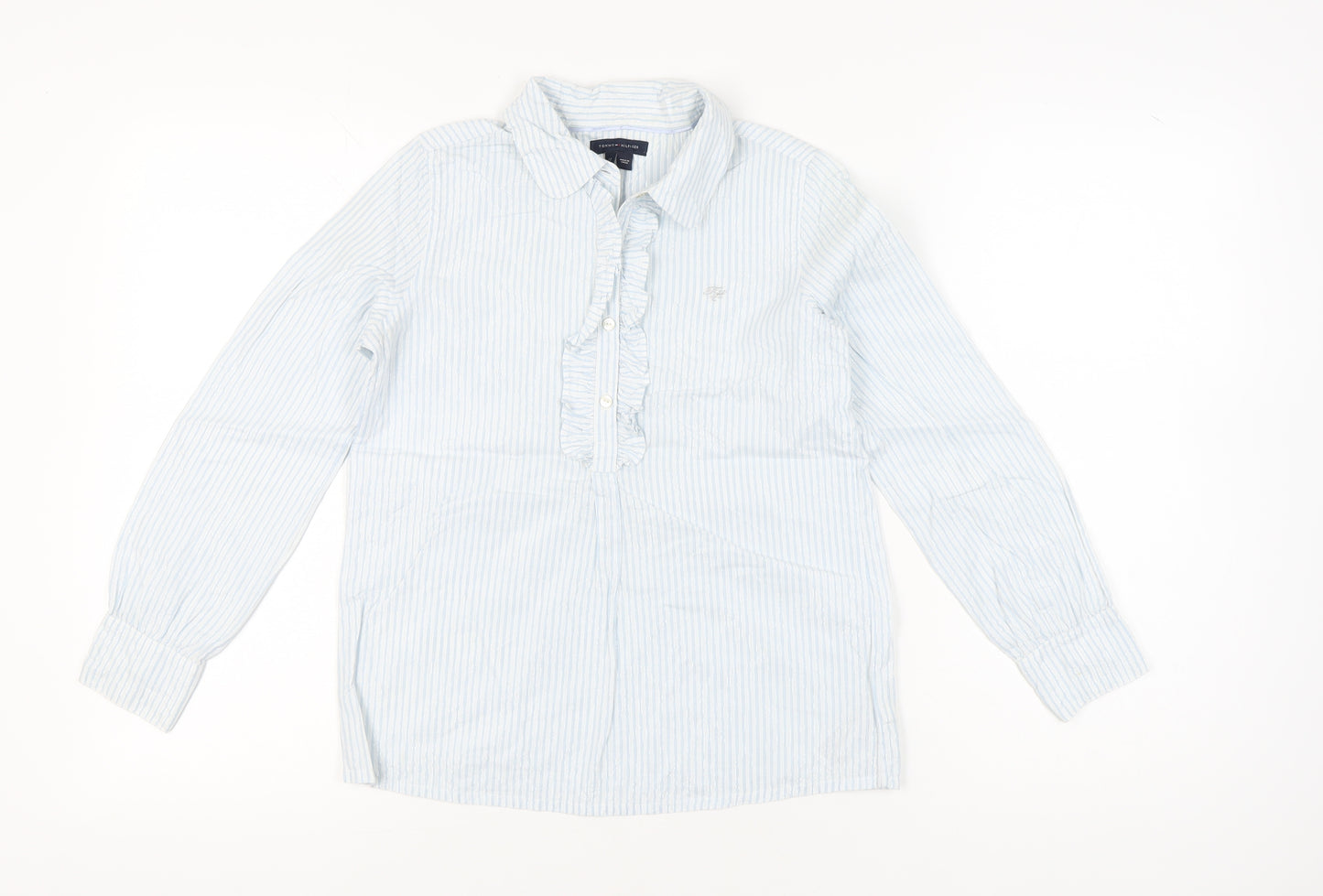 Tommy Hilfiger Girls Blue Striped Ruffle Blouse Shirt 12 Years Long Sleeve