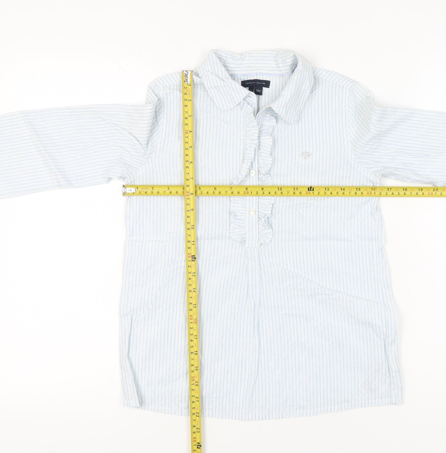 Tommy Hilfiger Girls Blue Striped Ruffle Blouse Shirt 12 Years Long Sleeve