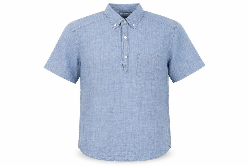Front view of Easy Men's Blue Cotton Short Sleeve Button-Down Shirt, size S
