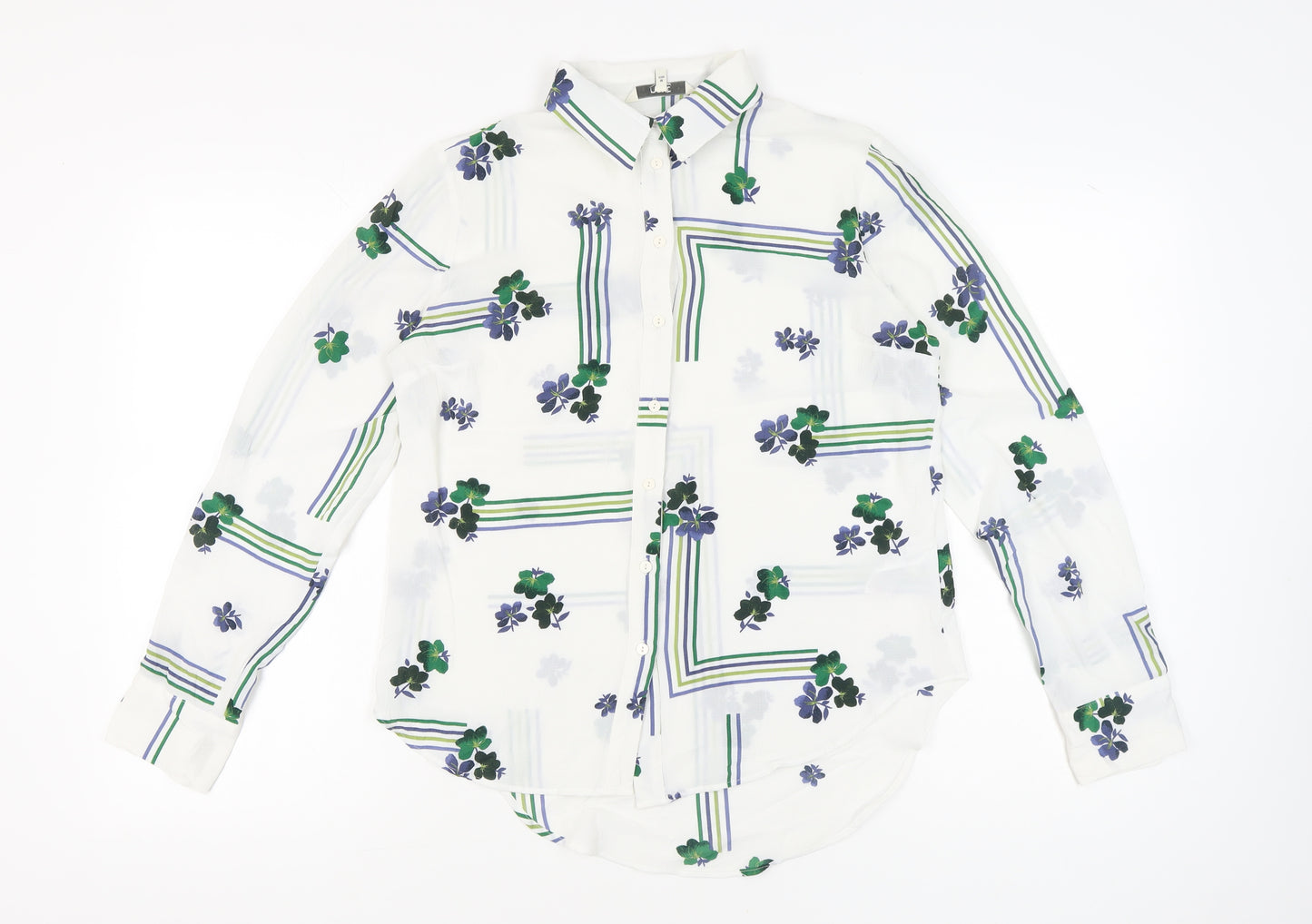 Next Women’s White Floral Button-Up Shirt Size 10 Long Sleeve