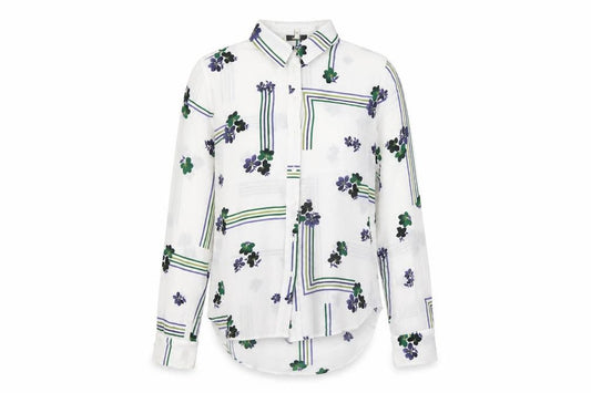 Front view of Next Women’s White Floral Button-Up Shirt, size UK 10, Long Sleeve