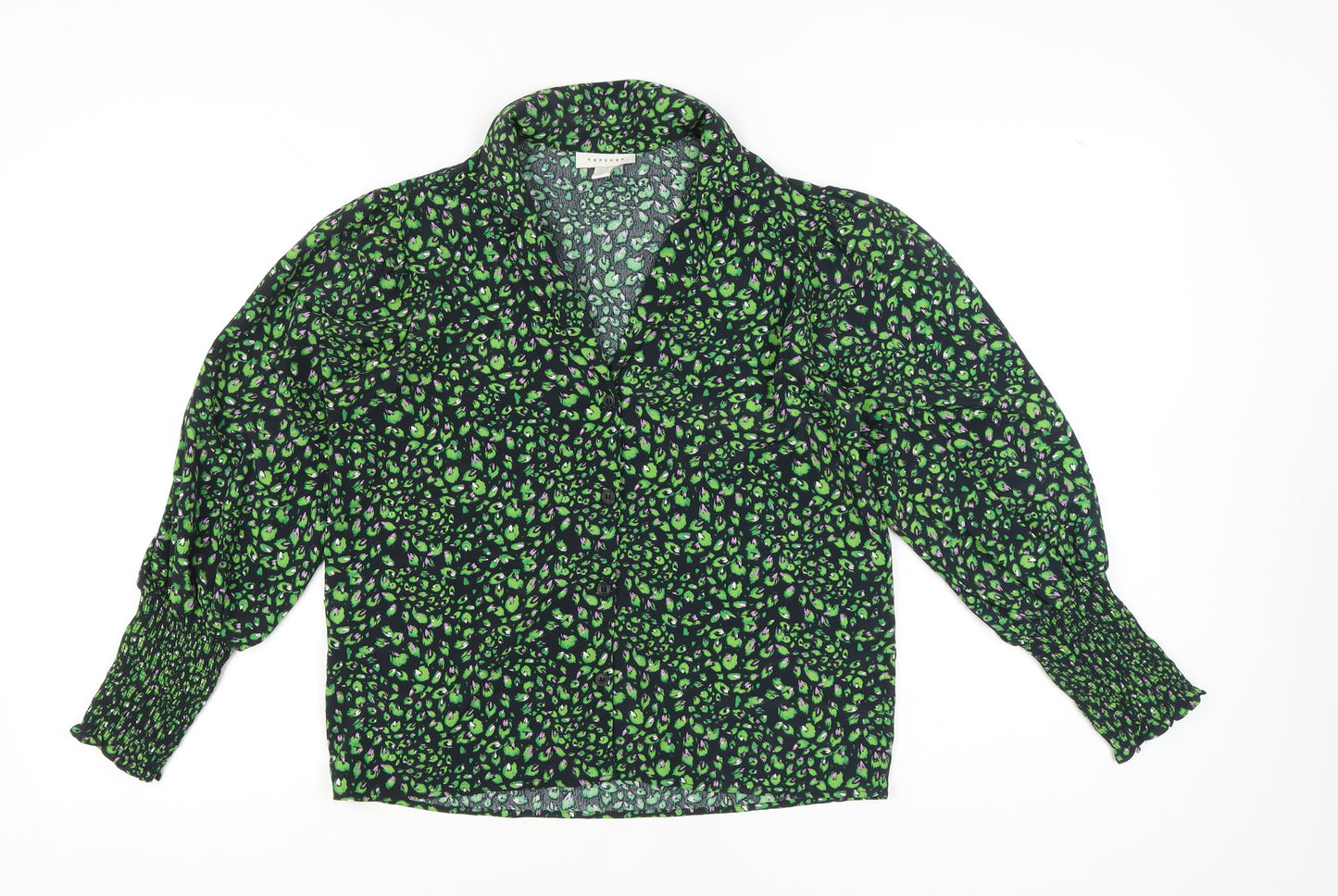 Topshop Womens Petite Green Animal Print Blouse UK 4 Tunic Long Sleeve