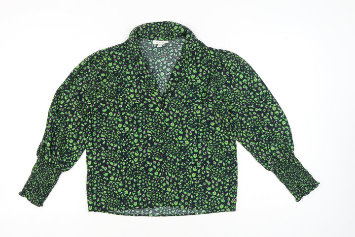 Topshop Womens Petite Green Animal Print Blouse UK 4 Tunic Long Sleeve