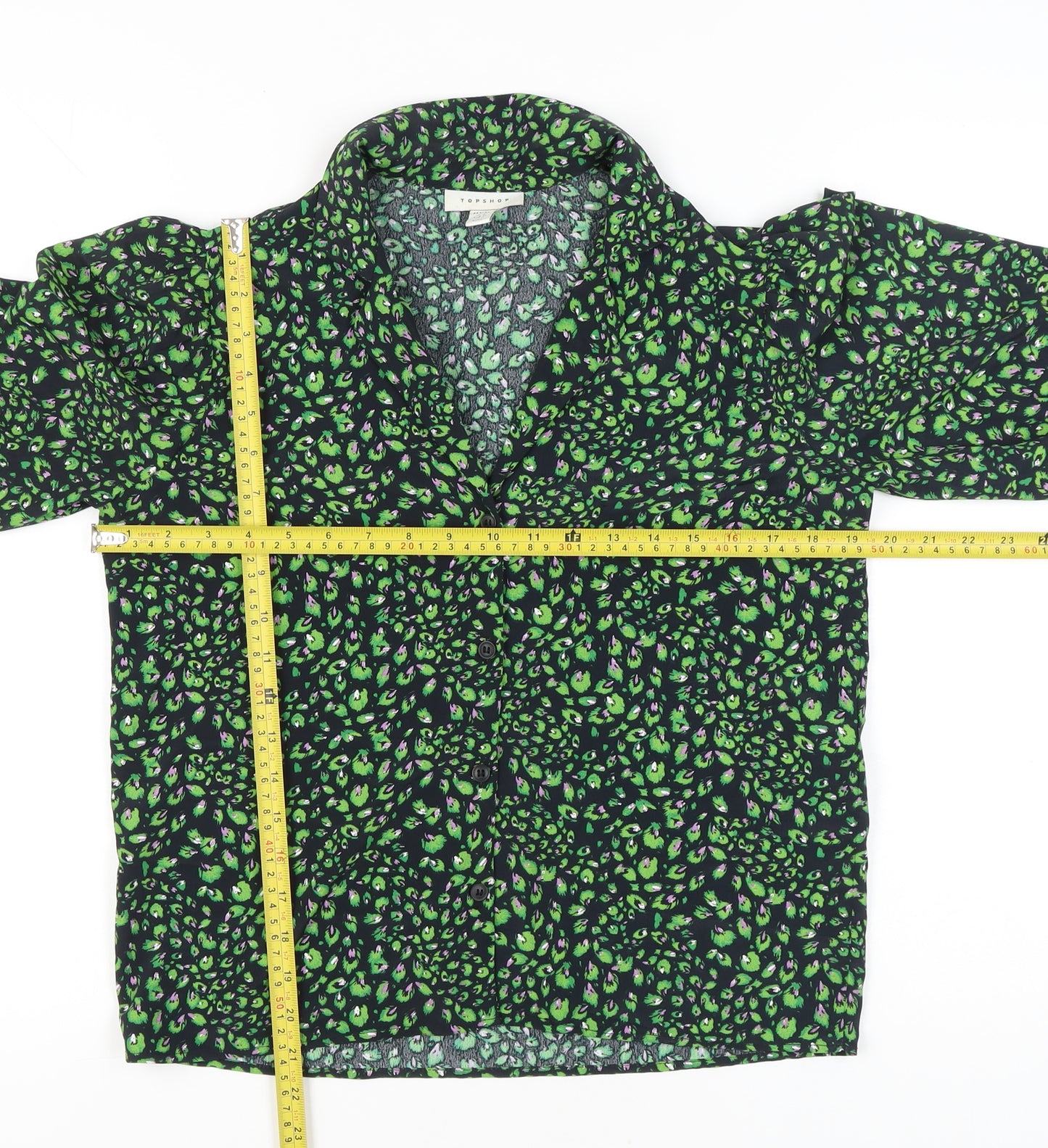 Topshop Womens Petite Green Animal Print Blouse UK 4 Tunic Long Sleeve