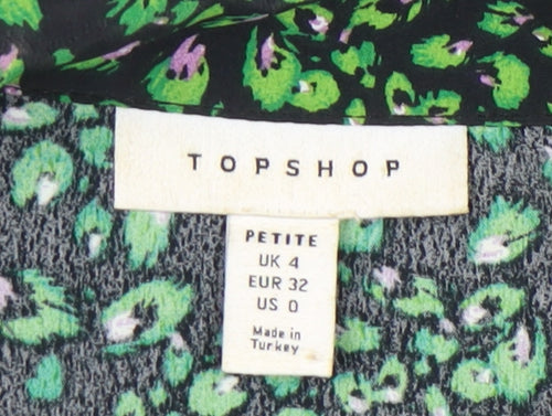 Topshop Womens Petite Green Animal Print Blouse UK 4 Tunic Long Sleeve