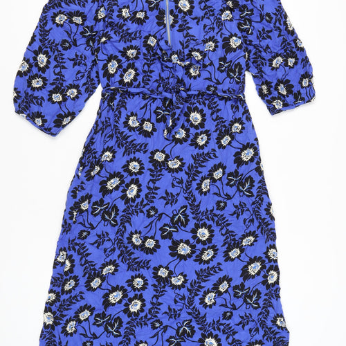 Next Women’s Blue Floral Midi Shirt Dress Size 12 High Neck