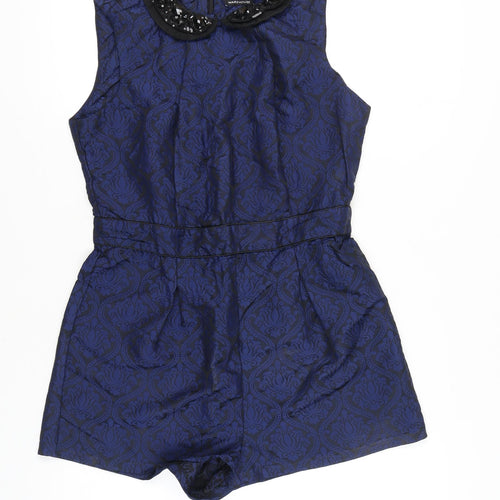 Warehouse Women’s Blue Jacquard Beaded Collar Sleeveless Playsuit Size 14