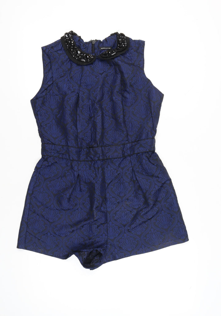 Warehouse Women’s Blue Jacquard Beaded Collar Sleeveless Playsuit Size 14