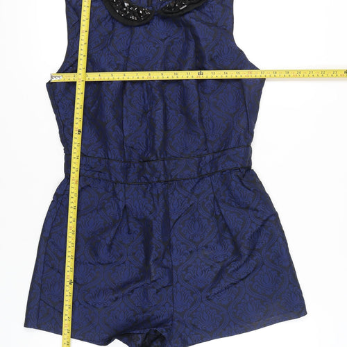 Warehouse Women’s Blue Jacquard Beaded Collar Sleeveless Playsuit Size 14