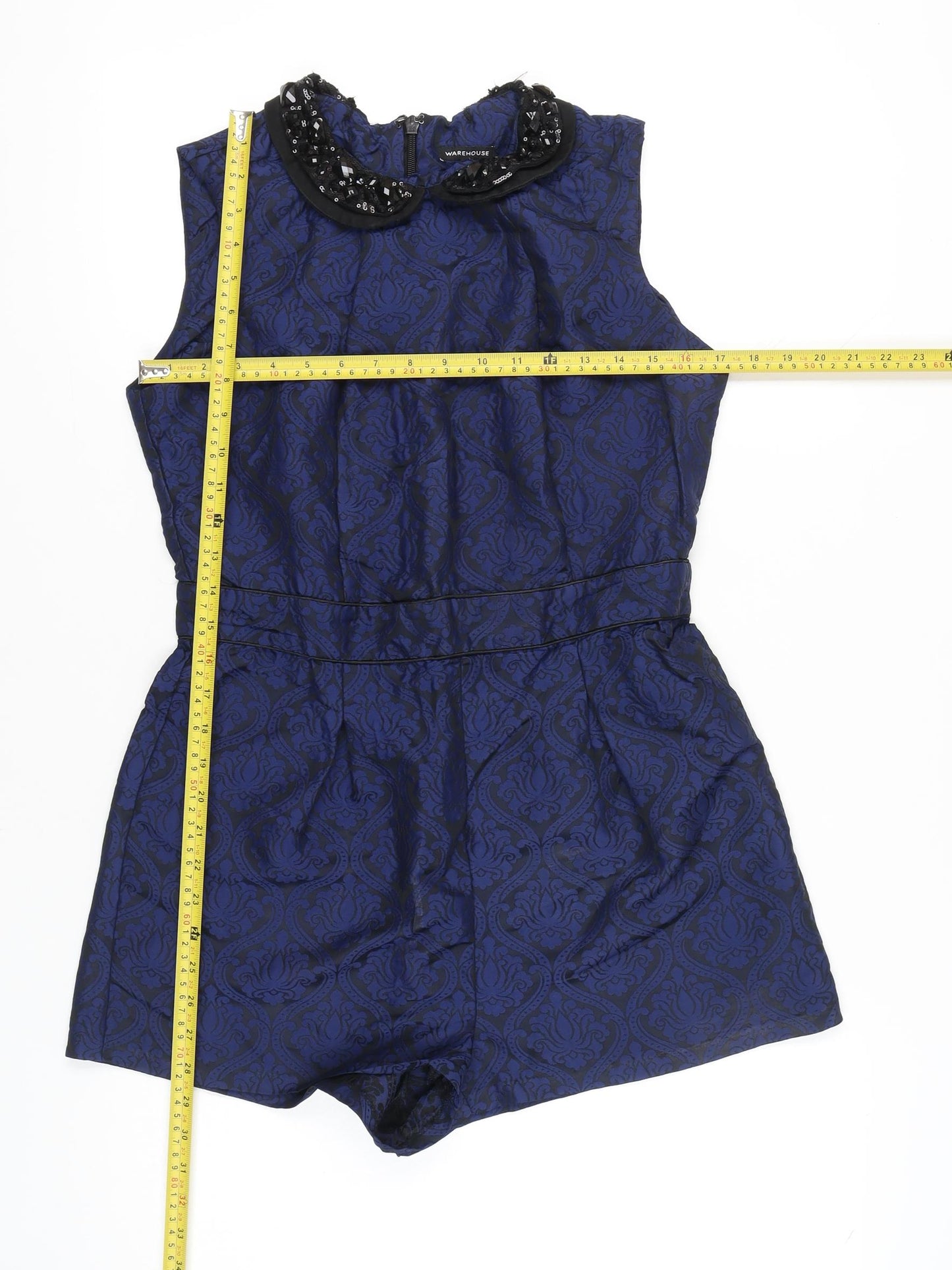 Warehouse Women’s Blue Jacquard Beaded Collar Sleeveless Playsuit Size 14
