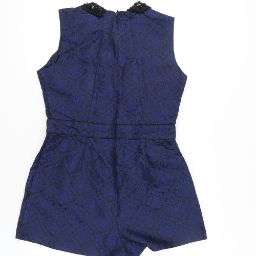 Warehouse Women’s Blue Jacquard Beaded Collar Sleeveless Playsuit Size 14