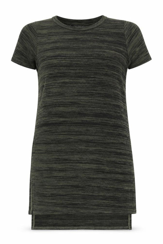 Front view of Quiz Women Green Striped Tunic T-Shirt, size 12, Short Sleeve