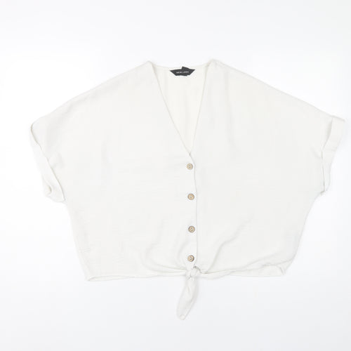 New Look Womens White Cropped Blouse UK 12 V-Neck Button Tie Casual
