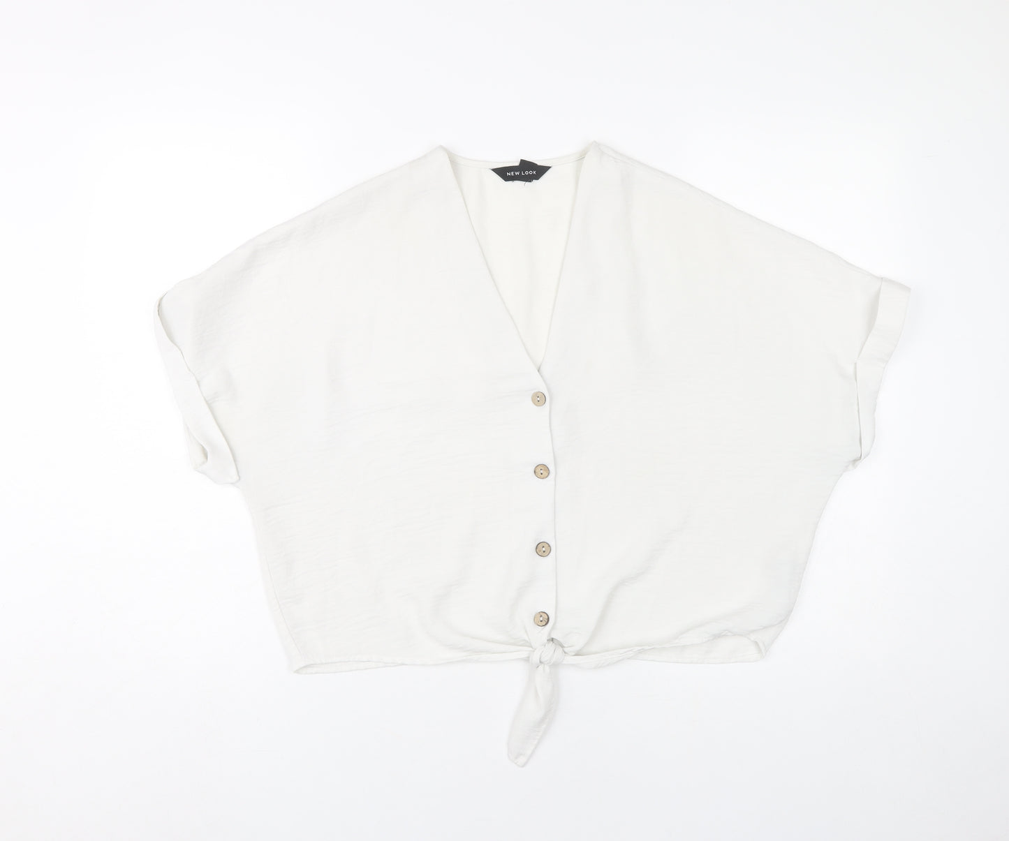New Look Womens White Cropped Blouse UK 12 V-Neck Button Tie Casual