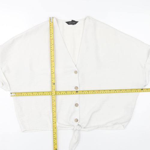New Look Womens White Cropped Blouse UK 12 V-Neck Button Tie Casual