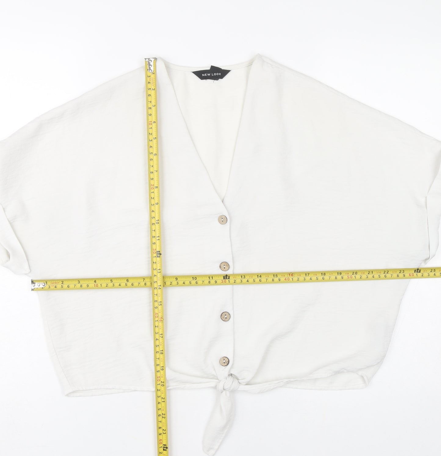 New Look Womens White Cropped Blouse UK 12 V-Neck Button Tie Casual
