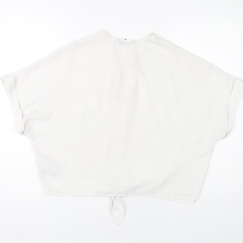 New Look Womens White Cropped Blouse UK 12 V-Neck Button Tie Casual