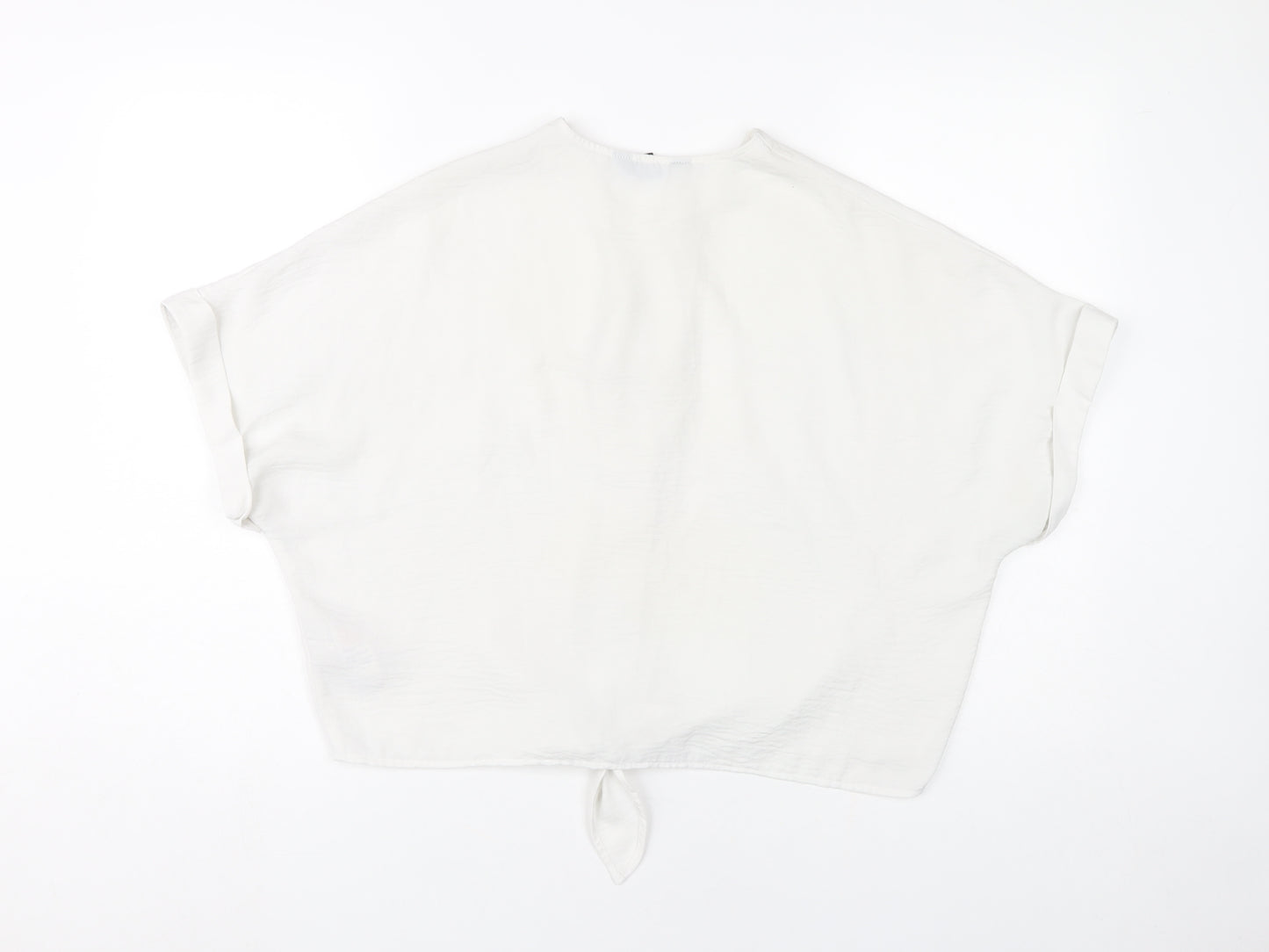 New Look Womens White Cropped Blouse UK 12 V-Neck Button Tie Casual