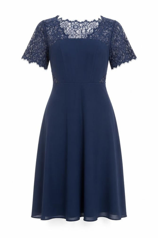 Front view of ASOS Women’s Blue Lace Midi A-Line Dress, size UK 8, Formal Party Wear