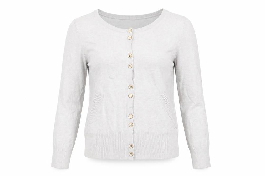 Front view of Jasper Conran Women’s Beige Long Sleeve Button Cardigan, size UK 10