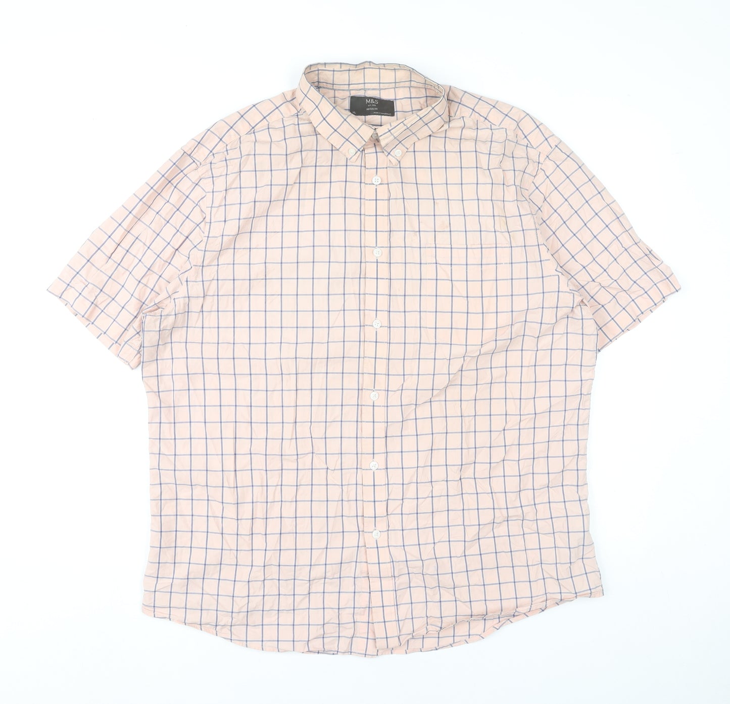 Marks and Spencer Mens Beige Check XL 44-46" Short Sleeve Cotton Shirt