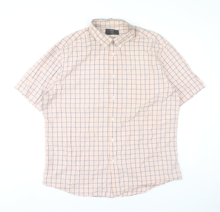 Marks and Spencer Mens Beige Check XL 44-46" Short Sleeve Cotton Shirt