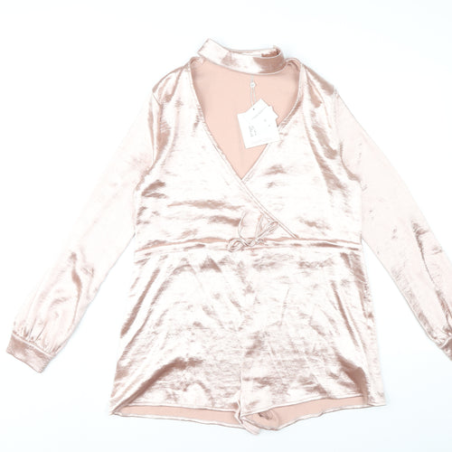 Missguided Women Pink Velvet Playsuit Size 6 Long Sleeve V-Neck