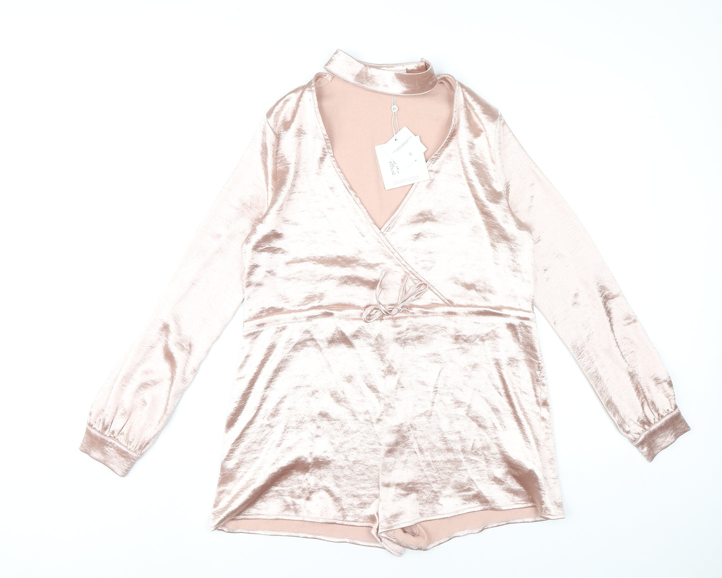 Missguided Women Pink Velvet Playsuit Size 6 Long Sleeve V-Neck
