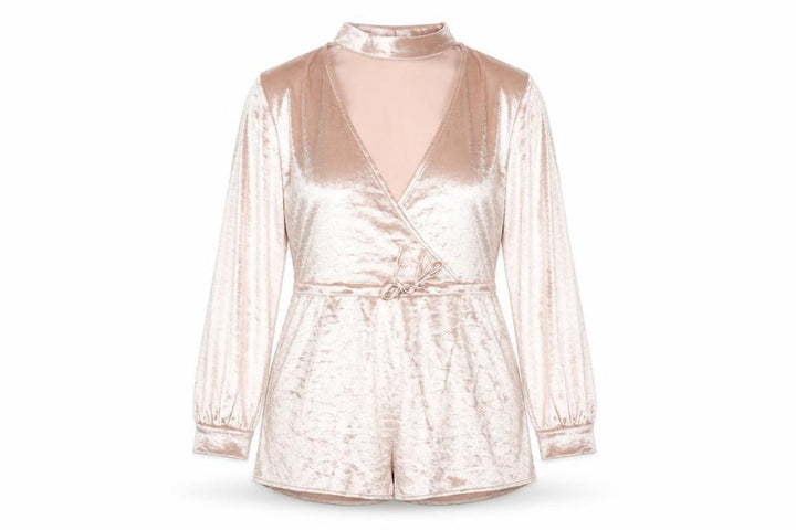 Missguided Women Pink Velvet Playsuit Size 6 Long Sleeve V-Neck