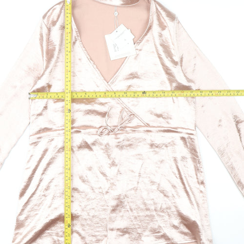 Missguided Women Pink Velvet Playsuit Size 6 Long Sleeve V-Neck