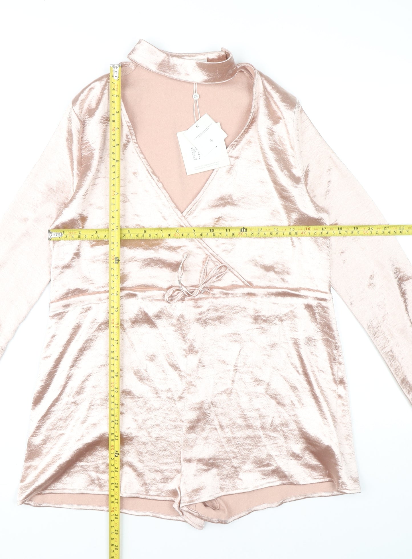Missguided Women Pink Velvet Playsuit Size 6 Long Sleeve V-Neck