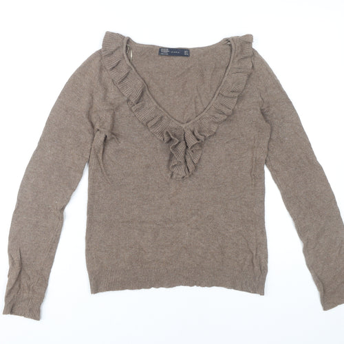 Zara Women’s Brown Angora Blend V-Neck Ruffle Jumper Size 8
