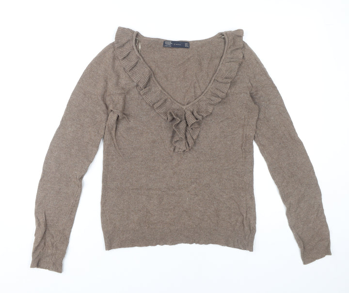 Zara Women’s Brown Angora Blend V-Neck Ruffle Jumper Size 8