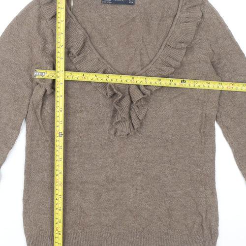 Zara Women’s Brown Angora Blend V-Neck Ruffle Jumper Size 8