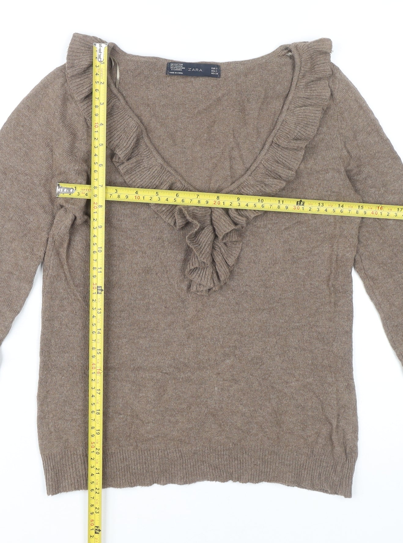 Zara Women’s Brown Angora Blend V-Neck Ruffle Jumper Size 8