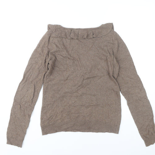 Zara Women’s Brown Angora Blend V-Neck Ruffle Jumper Size 8