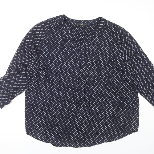 Jasper Conran Womens Blue Geometric Blouse Size 16 V-Neck 3/4 Sleeve