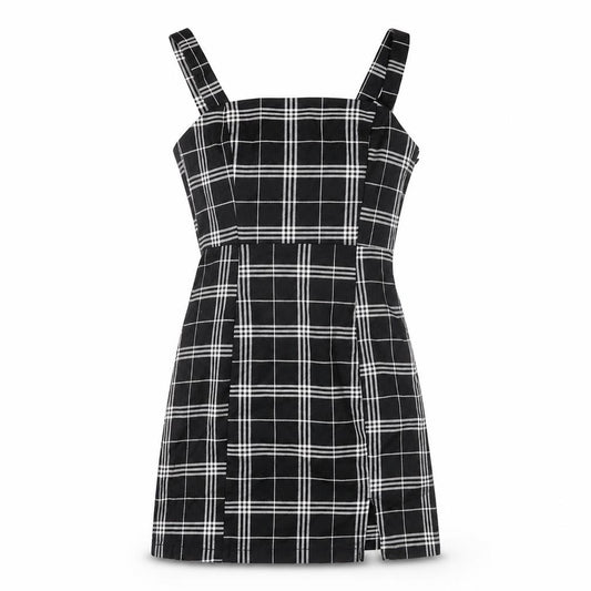 Front view of H&M Divided Women's Black Check Pinafore Dress, size 4, Sleeveless