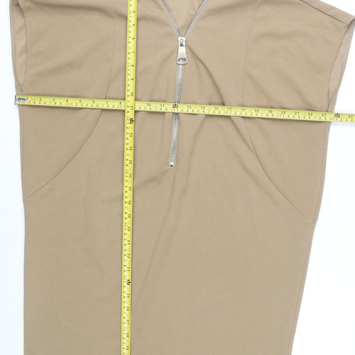AX Paris Women’s Beige Shift Dress M Knee Length Zip V-Neck