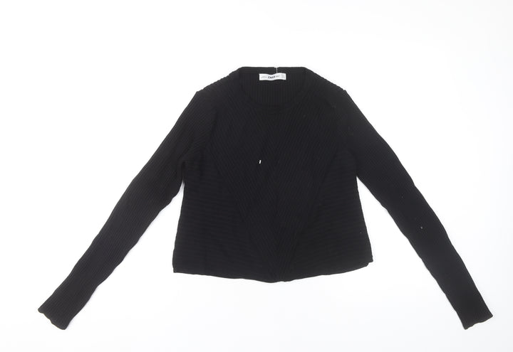 Zara Women Black Slim Fit Ribbed Knit Pullover Jumper Size M