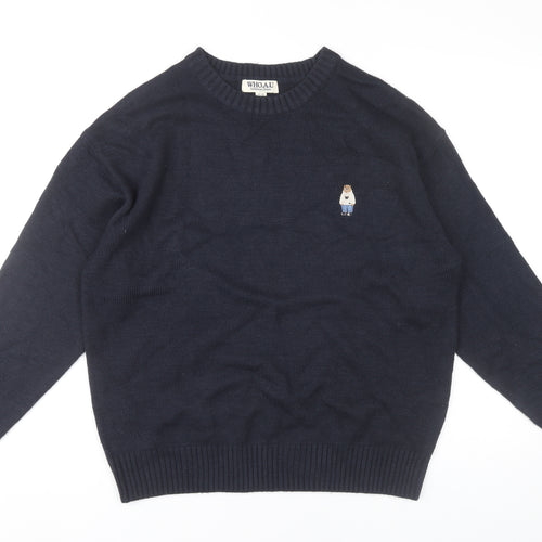 WHO.A.U Men’s Blue Knit Pullover Jumper M Crew Neck Embroidered Logo